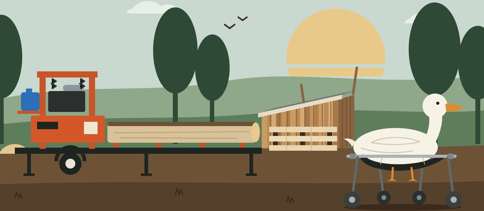 Illustration: a portable sawmill with a log, a lumber shed, and a white duck in a wheeled cart